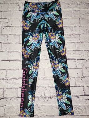 Goldsheep Leggings Tropical Palm Womens Small Black Shiny